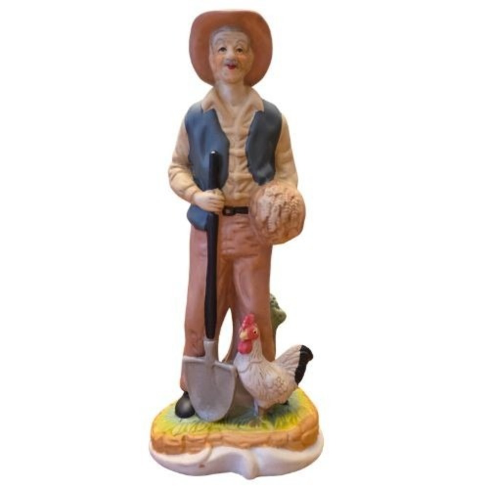 Vintage 7.5" Ceramic Farmer Figurine Chickens Rooster Harvest Rustic Decor‎ Box
